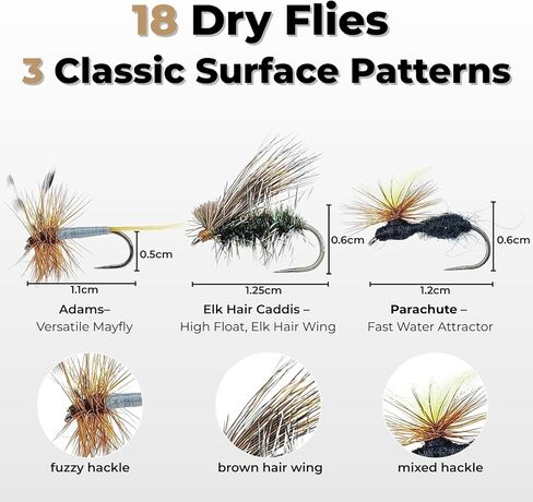 36PCS Barbless & Barbed Fly Fishing Flies Assortment, Mixed Hooks Dry Wet Flies for Trout, Adams Elk Hair Caddis Zebra Midge Nymph Patterns in Saudi Arabia