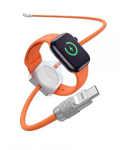 chubbycable Solo-Flex 2-in-1 USB-C Cable 100W Fast Charging Built-in 5W Magnetic Charger for Apple Watch 4FT Thick Silicone Cable Compatible with iWatch, AirPods, iPhone, iPad, MacBook, Orange in Saudi Arabia