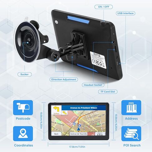 جهاز ملاح GPS لشاحنة السيارة RV، نظام ملاحة GPS بشاشة لمس 7 بوصة، خريطة 2026 مع توجيه صوتي، تنبيه السرعة، تحذير الضوء الأحمر، توجيه مخصص للشاحنة، تحديثات مجانية مدى الحياة (أزرق) in Kuwait