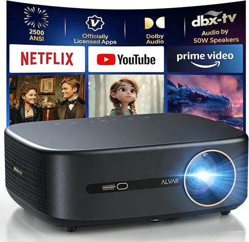 جهاز عرض Alvar الذكي 2026 تمت ترقيته، 2500 ANSI، دعم 4K، تطبيق NetfIix مدمج، صوت DoIby ومكبرات صوت 50 وات، تركيز تلقائي، WiFi 6، بلوتوث 5.3، مسرح منزلي وجهاز عرض أفلام خارجي، أسود in Saudi Arabia