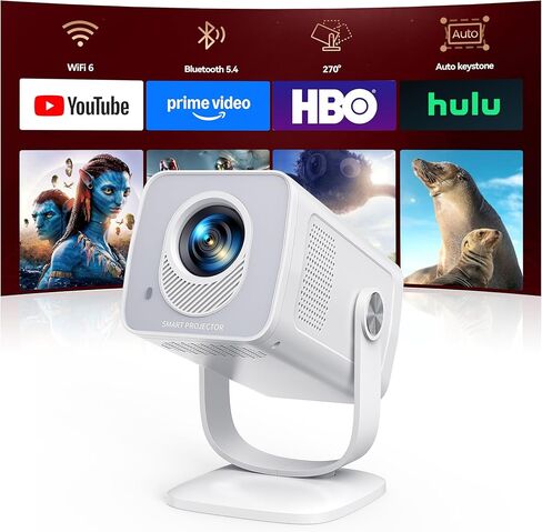 Mini-Projector with WiFi6 and Two-Way Bluetooth5.4, 1080P 4K Support, [Built-in Apps & 2026 Android 14] Portable Outdoor Movie Proyector for Bedroom, Auto Keystone & 270° Rotation for Phone/HDMI/USB in Saudi Arabia