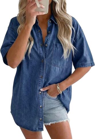 Women's Denim Shirt, Button Down Oversized Short Sleeve Jean Jackt Casual Denim Tops Outfits Trendy in Saudi Arabia