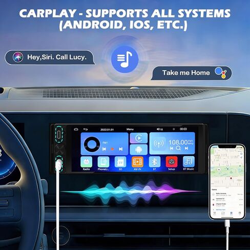 DINRGO Single Din Car Radio - Car Stereo with Wireless Apple Carplay Android Auto, 6.9" Touchscreen Radio with Bluetooth 5.2 Support Mirror Link, RC，GPS, FM, USB & Type-C Fast Charging, EQ, SWC，MIC in Saudi Arabia