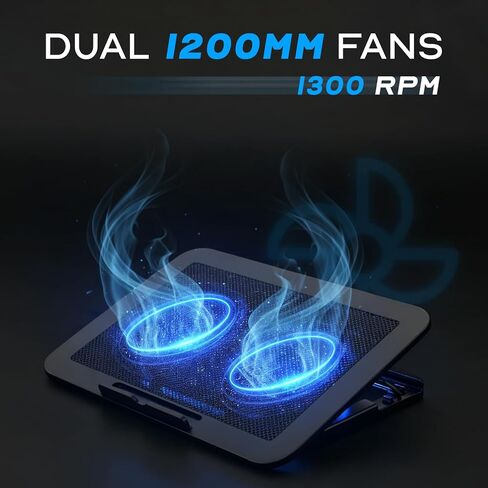 iJoy Laptop Cooling Pad for up to 17" Laptops | Quiet, Portable, Metal Mesh Surface, Dual 1400 RPM Fans| Adjustable Height Laptop Stand & Dual USB Ports- Gaming Laptop Cooling Pad for Desk or Lap in Saudi Arabia
