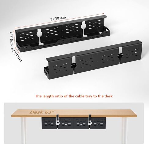 Univivi Under Desk Cable Management Tray - 32" Steel Cord Organizer, No-Drill C-Clamp & Screw Mount for Office/Home, Effortless Wire Management (Black) in Saudi Arabia