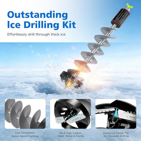 FUJIWARA Ice Auger، مثقاب ثلج بقطر 8 بوصات، مثقاب ثلج بدون سلك من النايلون لصيد الأسماك على الجليد، شفرة فولاذية عالية الكربون SK-5، مع محول عالمي 1/2 بوصة ورغوة قابلة للطفو in Kuwait