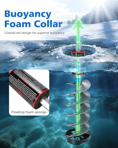 FUJIWARA Ice Auger، مثقاب ثلج بقطر 8 بوصات، مثقاب ثلج بدون سلك من النايلون لصيد الأسماك على الجليد، شفرة فولاذية عالية الكربون SK-5، مع محول عالمي 1/2 بوصة ورغوة قابلة للطفو in Kuwait