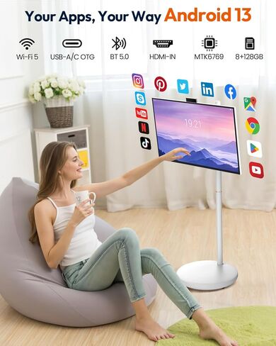 MESWAO 32 Inch Portable Smart TV on Wheels, Widevine L1 for Netflix HD, 12800mAh Battery, Android Rolling TV with 8GB RAM 128GB ROM, 1080P FHD Touch Screen Mobile Screen with Pop-up Privacy Camera in Saudi Arabia