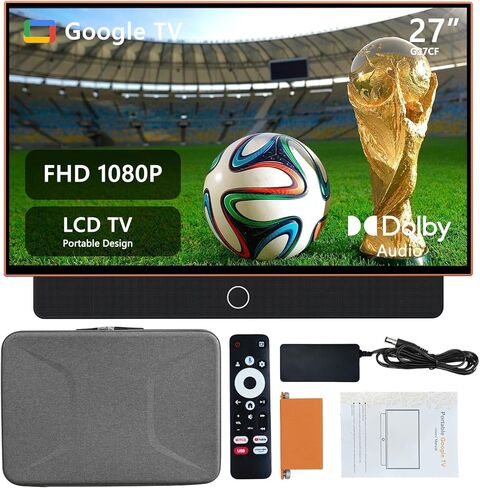 تلفزيون محمول 27 بوصة FHD 1080P Android14 OS مع تلفزيون جوجل، بطارية 9000 مللي أمبير في الساعة، صوت دولبي، 100%sRGB، مساعد جوجل، مقبض جلدي، تلفزيون أندرويد مع حقيبة حمل للتخييم في الهواء الطلق، أبيض in Saudi Arabia