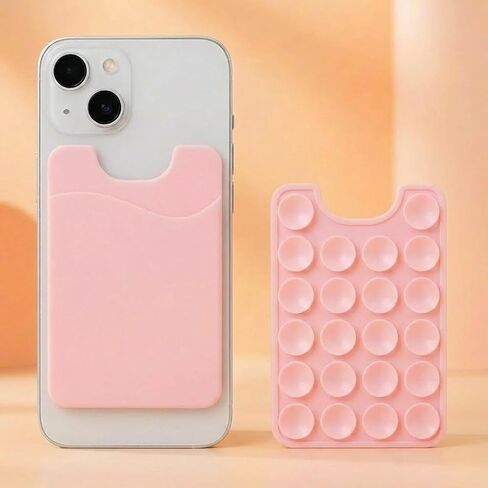 2-Pack Silicone Suction Phone Wallet (Stick-on) - Adhesive Credit Card Holder with Suction Cups for Mirror/Shower - Cute ID Pouch Case for iPhone/Android, Cool Gadget gifts (Pink) in Saudi Arabia