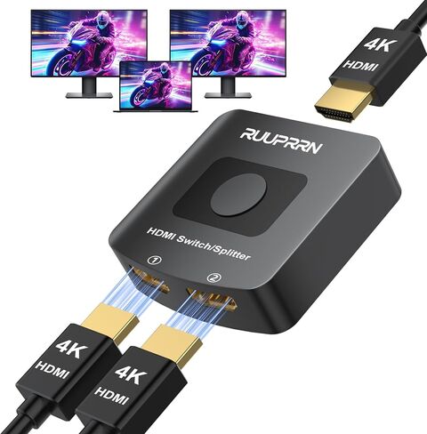 HDMI Switcher Splitter Hub 4K@60hz، ثنائي الاتجاه HDMI 2.0 Switch 2 في 1 خارج، شاشة ممتدة لفاصل كابل HDMI للشاشات المزدوجة تدعم 4K 3D HDR للكمبيوتر الشخصي، Xbox، PS5/4/3، Fire Stick، Roke، مشغل Blu-Ray in Kuwait
