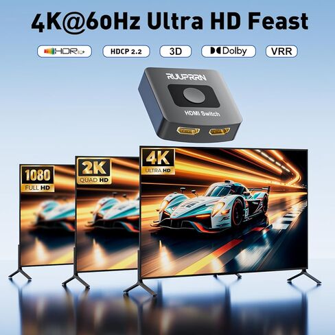 HDMI Switcher Splitter Hub 4K@60hz، ثنائي الاتجاه HDMI 2.0 Switch 2 في 1 خارج، شاشة ممتدة لفاصل كابل HDMI للشاشات المزدوجة تدعم 4K 3D HDR للكمبيوتر الشخصي، Xbox، PS5/4/3، Fire Stick، Roke، مشغل Blu-Ray in Kuwait