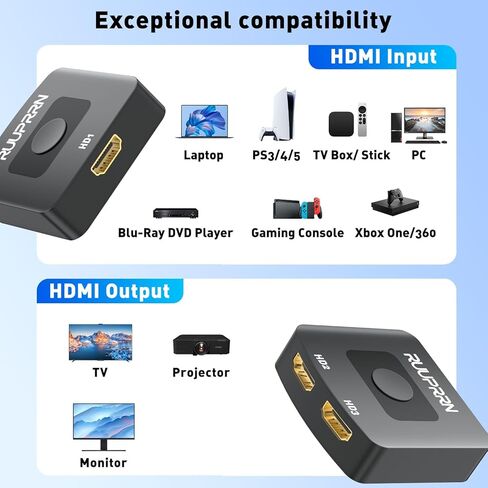 HDMI Switcher Splitter Hub 4K@60hz، ثنائي الاتجاه HDMI 2.0 Switch 2 في 1 خارج، شاشة ممتدة لفاصل كابل HDMI للشاشات المزدوجة تدعم 4K 3D HDR للكمبيوتر الشخصي، Xbox، PS5/4/3، Fire Stick، Roke، مشغل Blu-Ray in Kuwait