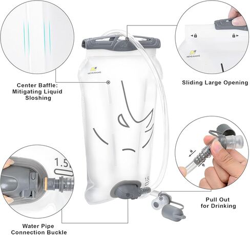N NEVO RHINO المثانة الترطيب 1.5L، المثانة المياه للمشي لمسافات طويلة على ظهره تسرب دليل على تخزين المياه المثانة، BPA الحرة، واسعة فتح الحقيبة المياه حزمة الترطيب للتخييم ركوب الدراجات الجري in Kuwait
