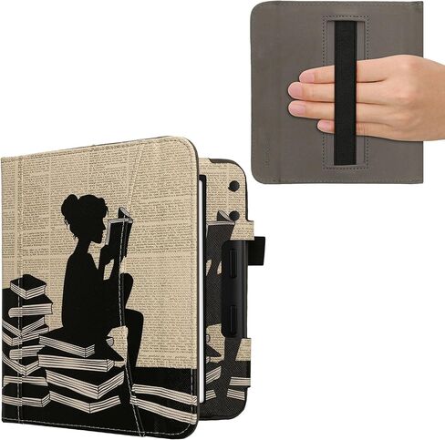 kwmobile Case Compatible with Kobo Libra Colour - PU Leather Cover with Magnetic Closure, Strap, Front Pocket - Girl and Books Black/Beige in Saudi Arabia