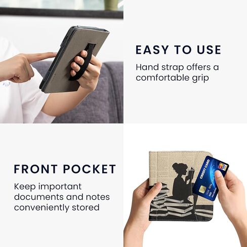 kwmobile Case Compatible with Kobo Libra Colour - PU Leather Cover with Magnetic Closure, Strap, Front Pocket - Girl and Books Black/Beige in Saudi Arabia