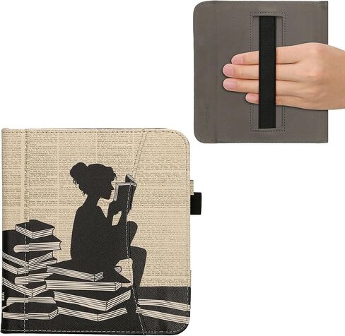 kwmobile Case Compatible with Kobo Libra Colour - PU Leather Cover with Magnetic Closure, Strap, Front Pocket - Girl and Books Black/Beige in Saudi Arabia