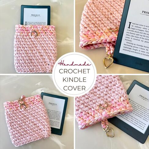 Handmade Pink Crochet Kindle Cover with Heart Snap – Premium Recycled Cotton T-Shirt Yarn Protective Sleeve for Kindle Paperwhite, Oasis & e-Readers – Cozy Gift for Book Lovers in Saudi Arabia