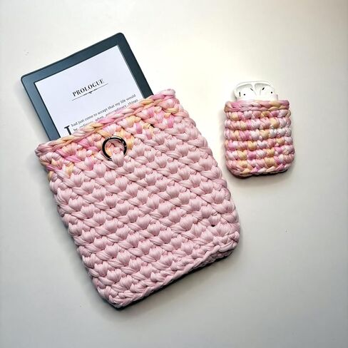 Handmade Pink Crochet Kindle Cover with Heart Snap – Premium Recycled Cotton T-Shirt Yarn Protective Sleeve for Kindle Paperwhite, Oasis & e-Readers – Cozy Gift for Book Lovers in Saudi Arabia