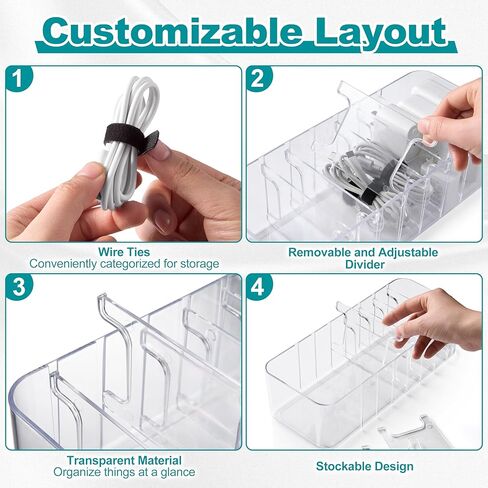 Cord Organizer Box 2 Pack – Clear Cable Organizer with Adjustable Dividers, Fits Up to 10ft Cables, Cord Storage Organizer for Chargers & Tech Accessories – Includes 16 Velcro Ties in Saudi Arabia