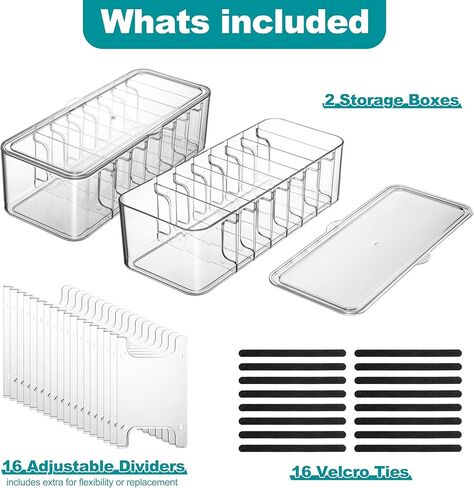 Cord Organizer Box 2 Pack – Clear Cable Organizer with Adjustable Dividers, Fits Up to 10ft Cables, Cord Storage Organizer for Chargers & Tech Accessories – Includes 16 Velcro Ties in Saudi Arabia
