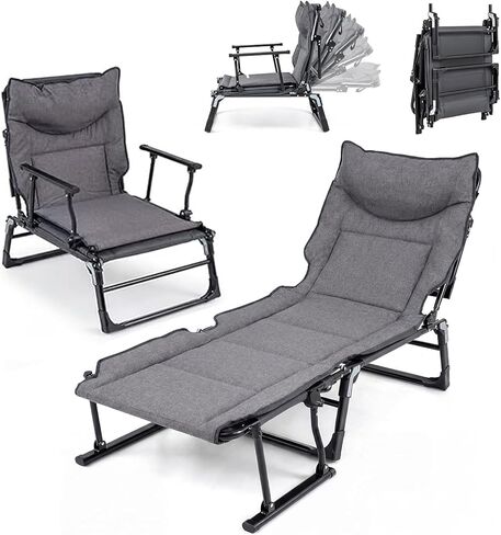 GYMAX 2 in 1 Convertible Lounge Chair Outdoor with Pad, Pillow, 6 Level Adjustable, Heavy Duty 440 LBS Portable Camping Cot, Patio Folding Chaise Lounge Chair for Lawn, Yard in Saudi Arabia