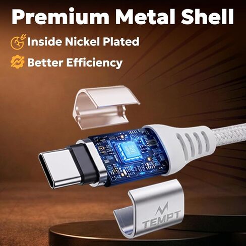 كابل شحن سريع Tempt Nova Type-C إلى C، 65 وات، مجدول من النايلون، أبيض، 4.9 قدم، QC 4.0، PD 3.0 + PPS، مزامنة بيانات 480 ميجابت في الثانية in Saudi Arabia
