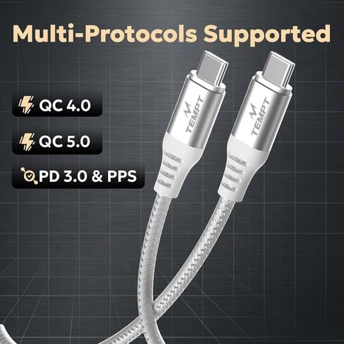 كابل شحن سريع Tempt Nova Type-C إلى C، 65 وات، مجدول من النايلون، أبيض، 4.9 قدم، QC 4.0، PD 3.0 + PPS، مزامنة بيانات 480 ميجابت في الثانية in Saudi Arabia