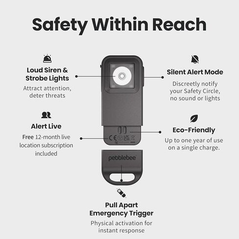 Pebblebee Halo Personal Safety Alarm | Loud Siren & Strobe Lights with Location Sharing, Rechargeable Safety Keychain Device with Flashlight | Works with Apple Find My & Google Find Hub in Saudi Arabia