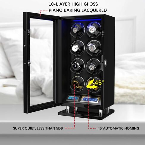 DUKWIN Watch Winder، لفافات ساعة بقفل بصمة الإصبع لـ 6/8/12 مع شاشة LCD تعمل باللمس، جهاز تحكم عن بعد، محرك هادئ للغاية، ضوء أزرق ووسائد ساعة قابلة للتعديل للساعات العالمية وجامع الساعات in Kuwait