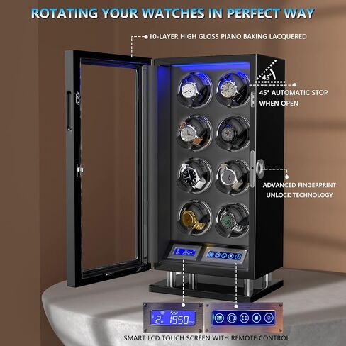 DUKWIN Watch Winder، لفافات ساعة بقفل بصمة الإصبع لـ 6/8/12 مع شاشة LCD تعمل باللمس، جهاز تحكم عن بعد، محرك هادئ للغاية، ضوء أزرق ووسائد ساعة قابلة للتعديل للساعات العالمية وجامع الساعات in Kuwait