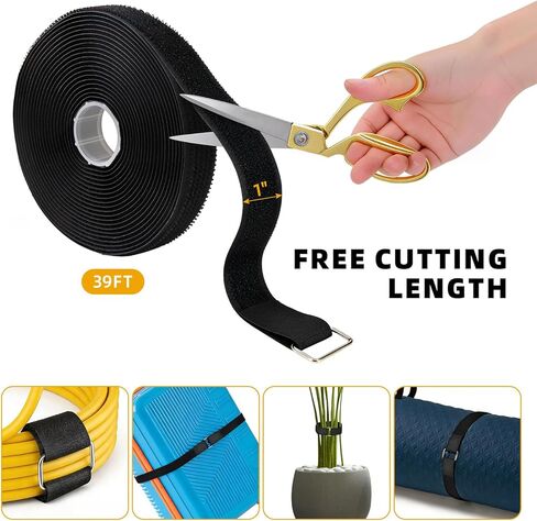 1" x 39ft Nylon Hook and Loop Straps Roll with 30 Metal & 30 Plastic Buckles, Adjustable Reusable Cut-to-Length Ties for Home Office Garage Organization, Black in Saudi Arabia
