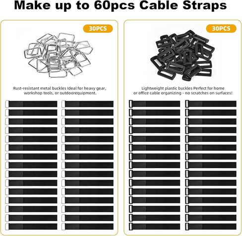 1" x 39ft Nylon Hook and Loop Straps Roll with 30 Metal & 30 Plastic Buckles, Adjustable Reusable Cut-to-Length Ties for Home Office Garage Organization, Black in Saudi Arabia