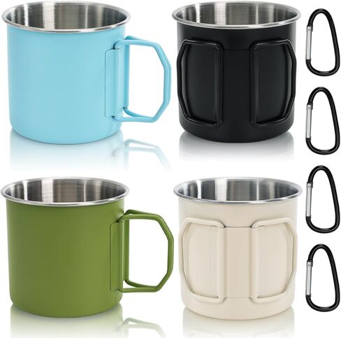 4 Pack Camping Mug Set, 12 Oz Stainless Steel Coffee Cups with Fold Handles D Rings, Metal Backpacking Mug Portable Cup for Travel, Hiking, Climbing, Picnic, 4 Colors in Saudi Arabia