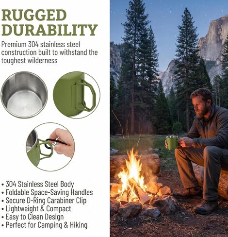 4 Pack Camping Mug Set, 12 Oz Stainless Steel Coffee Cups with Fold Handles D Rings, Metal Backpacking Mug Portable Cup for Travel, Hiking, Climbing, Picnic, 4 Colors in Saudi Arabia