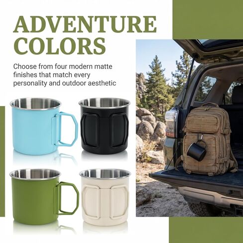 4 Pack Camping Mug Set, 12 Oz Stainless Steel Coffee Cups with Fold Handles D Rings, Metal Backpacking Mug Portable Cup for Travel, Hiking, Climbing, Picnic, 4 Colors in Saudi Arabia