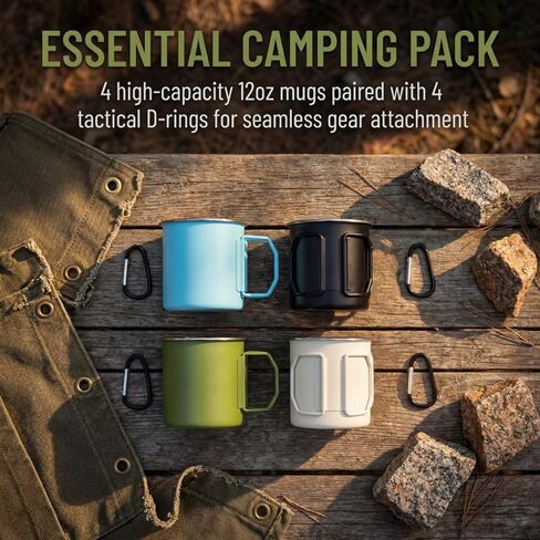 4 Pack Camping Mug Set, 12 Oz Stainless Steel Coffee Cups with Fold Handles D Rings, Metal Backpacking Mug Portable Cup for Travel, Hiking, Climbing, Picnic, 4 Colors in Saudi Arabia