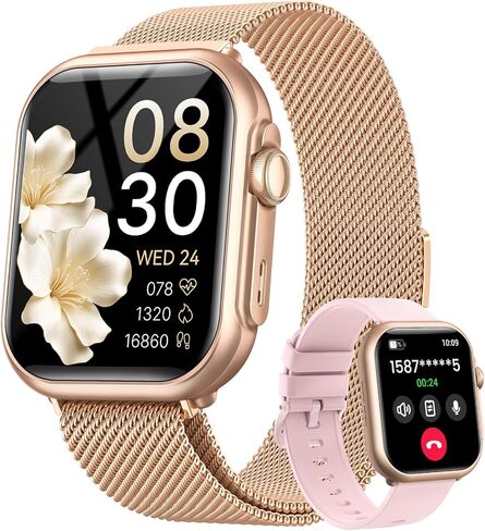 ساعة ذكية للنساء لهواتف iPhone Android: ساعة ذكية مقاس 1.85 بوصة مع خاصية إجراء/الرد على المكالمات والنوم ومعدل ضربات القلب SpO2 ومراقبة ضغط الدم IP68 مقاومة للماء 120+وضع رياضي لتتبع اللياقة البدنية بطارية 1000 مللي أمبير في الساعة 2 شريط وردي in Kuwait