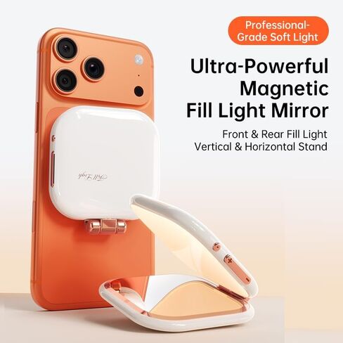 Foluu Magnetic Selfie Light with Mirror & Stand – 49 LED CRI≥90 Fill Light, Zinc Alloy Hinge, 360° Phone Stand Compatible with iPhone MagSafe & Android, Portable Vanity Light for TikTok, Vlogging in Saudi Arabia
