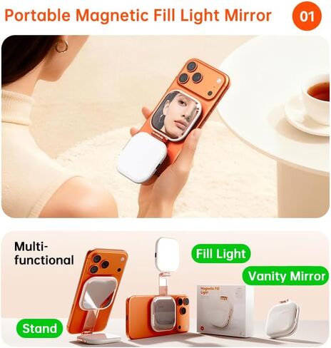 Foluu Magnetic Selfie Light with Mirror & Stand – 49 LED CRI≥90 Fill Light, Zinc Alloy Hinge, 360° Phone Stand Compatible with iPhone MagSafe & Android, Portable Vanity Light for TikTok, Vlogging in Saudi Arabia
