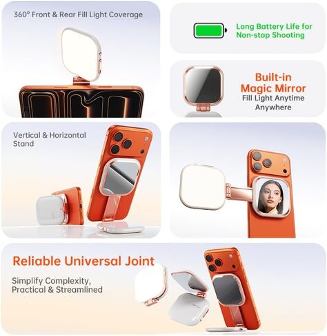Foluu Magnetic Selfie Light with Mirror & Stand – 49 LED CRI≥90 Fill Light, Zinc Alloy Hinge, 360° Phone Stand Compatible with iPhone MagSafe & Android, Portable Vanity Light for TikTok, Vlogging in Saudi Arabia