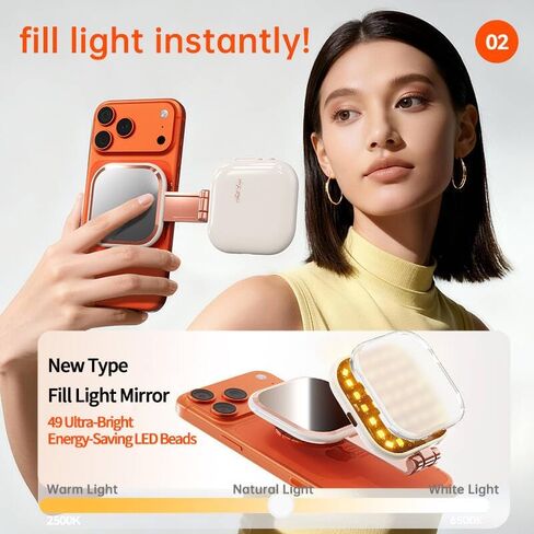 Foluu Magnetic Selfie Light with Mirror & Stand – 49 LED CRI≥90 Fill Light, Zinc Alloy Hinge, 360° Phone Stand Compatible with iPhone MagSafe & Android, Portable Vanity Light for TikTok, Vlogging in Saudi Arabia