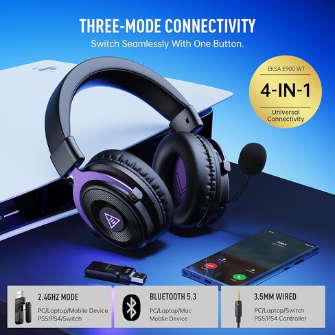 EKSA E900WT Wireless Gaming Headset for PC Ps5 Ps4, 2.4 Ghz USB&Type-C Gaming Headphones with Microphone, 30ms Latency, 80H Battery Bluetooth Headphones for Switch, Laptop, Mobile, Mac in Saudi Arabia