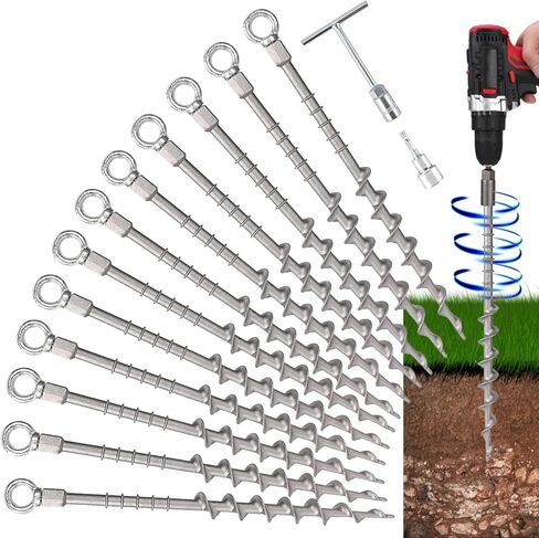 Screw in Tent Stakes 16 Pack Extra Long 14 inch, Heavy Duty Aluminum Ground Anchors with Hex Top for Cordless Drill, Detachable Hooks & T-Handle for Trampoline RV Awning Sand Soft Soil in Saudi Arabia