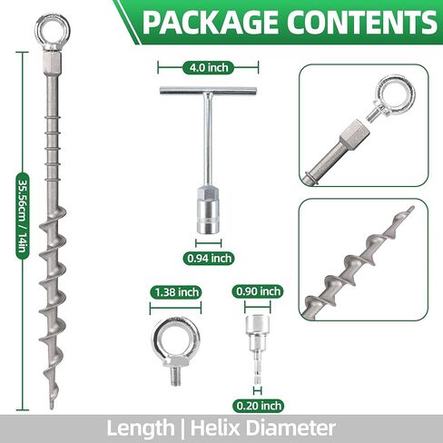 Screw in Tent Stakes 16 Pack Extra Long 14 inch, Heavy Duty Aluminum Ground Anchors with Hex Top for Cordless Drill, Detachable Hooks & T-Handle for Trampoline RV Awning Sand Soft Soil in Saudi Arabia