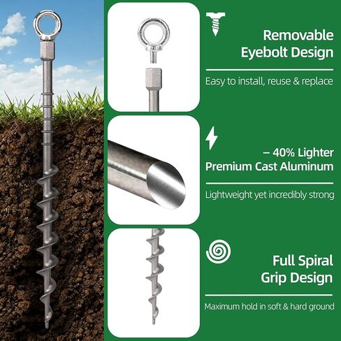 Screw in Tent Stakes 16 Pack Extra Long 14 inch, Heavy Duty Aluminum Ground Anchors with Hex Top for Cordless Drill, Detachable Hooks & T-Handle for Trampoline RV Awning Sand Soft Soil in Saudi Arabia