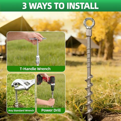 Screw in Tent Stakes 16 Pack Extra Long 14 inch, Heavy Duty Aluminum Ground Anchors with Hex Top for Cordless Drill, Detachable Hooks & T-Handle for Trampoline RV Awning Sand Soft Soil in Saudi Arabia