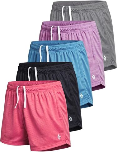 5-Pack Women's Athletic Shorts Mesh Basketball, Ladies Active Loose Pull-On Shorts with Zipper Pockets, 5" Inseam (Set 6, Large) in Saudi Arabia