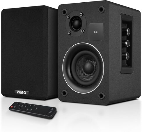 Powered Bluetooth 5.3 Bookshelf Speakers with Remote & LED Display, 3.5" Carbon Fiber Woofer, RCA AUX Input, Wooden Wired Wireless Speakers for Turntable, PC, TV, Gaming, Black in Saudi Arabia