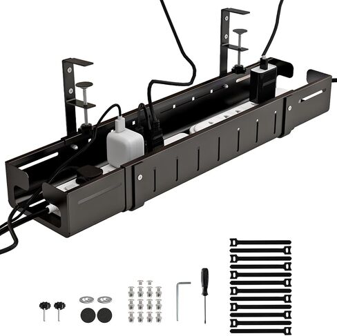 Under Desk Cable Management Tray, Expandable Length 25.2"-38.6",No Drill No Damage to Desk,Cable Tray with Clamp for with Wire Management,for Cord Organizer for Home Office Standing Desk, Black in Saudi Arabia